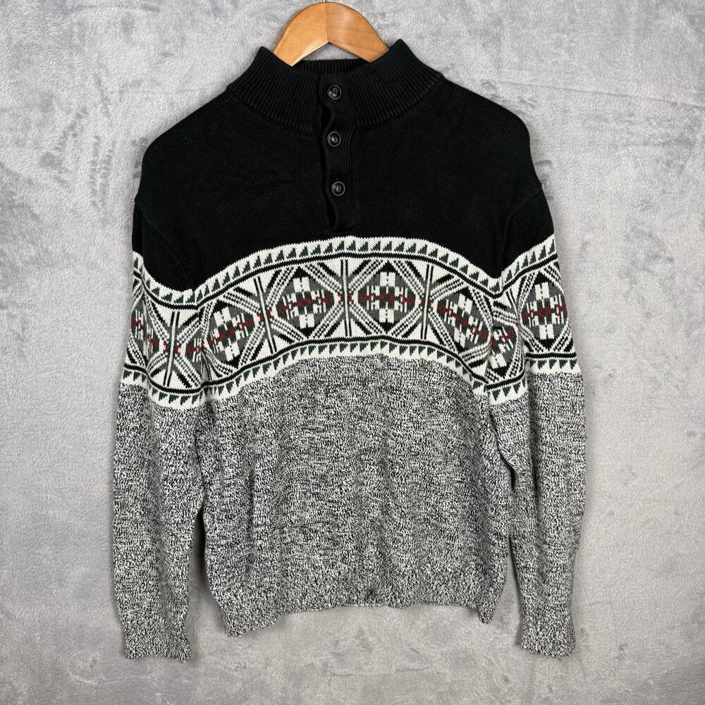 Chaps Men’s Sweater Nordic Fair Isle Winter Black Gray Large‎ Preppy Academia